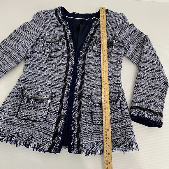 White House Black Market Blazer Women's 8 Blue White Tweed Fringe Chain Accents - Picture 4 of 10